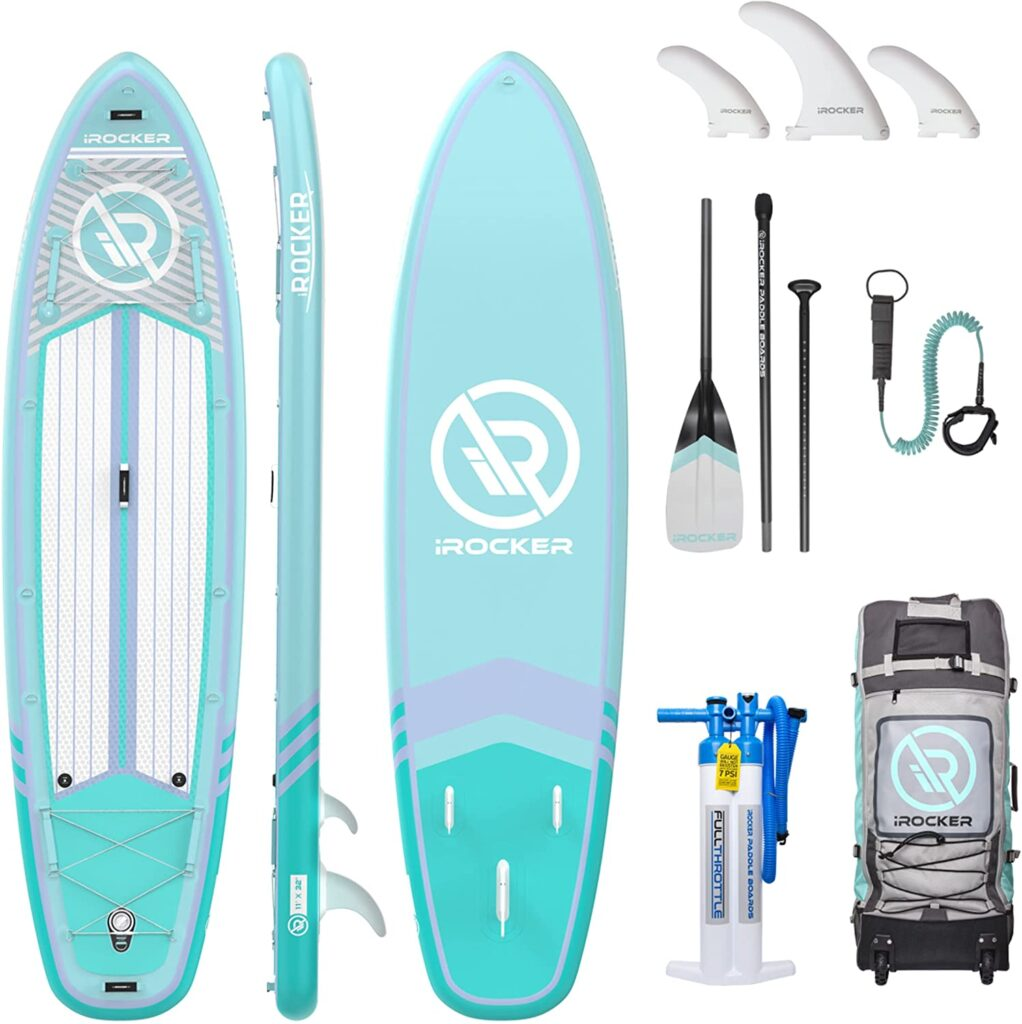 A blue and white sup board with a paddle for paddleboarding.