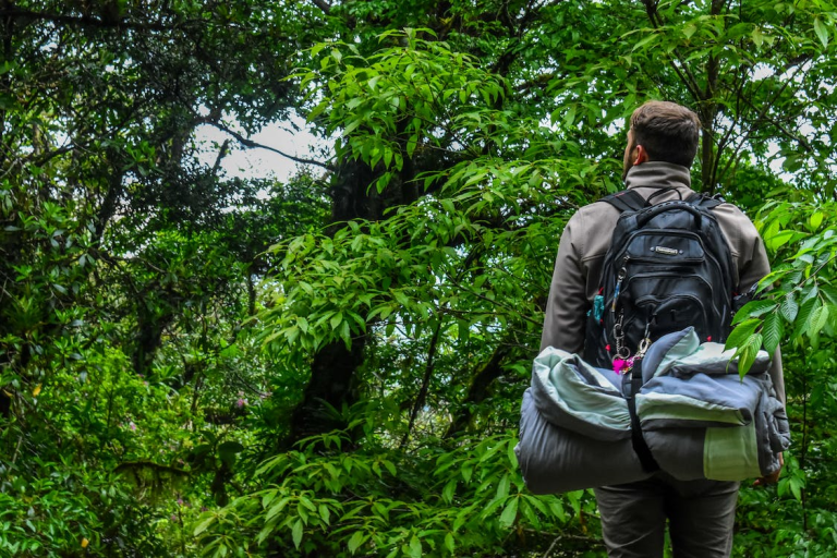 A man with a backpack exploring the best camping spots in the woods.