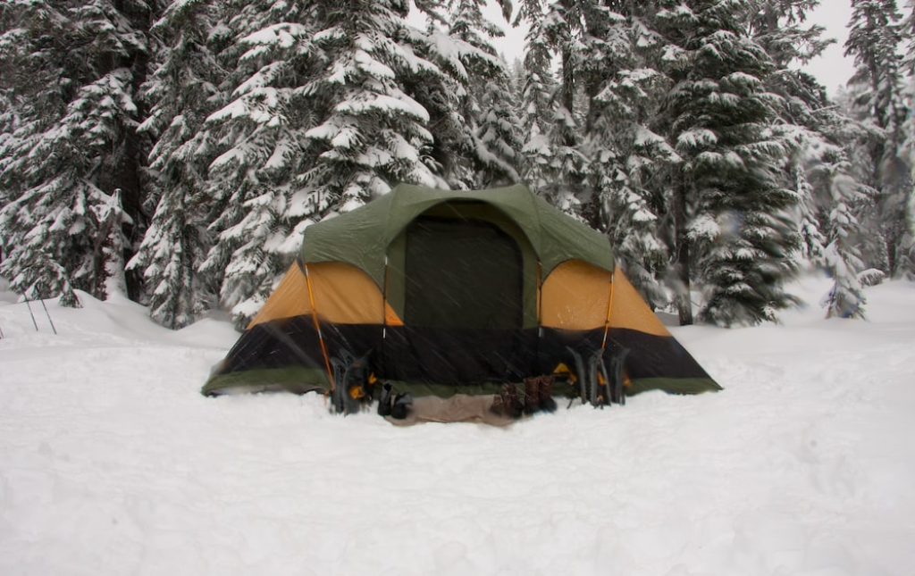 A camp set up in a snow blizzard.