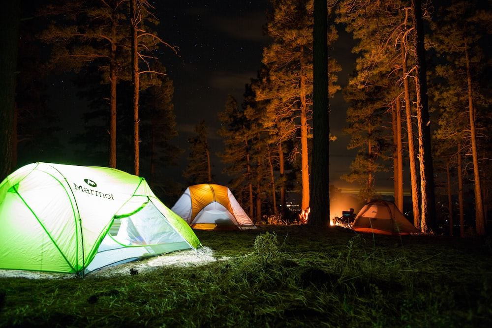 A group of tents set up in the woods at night.