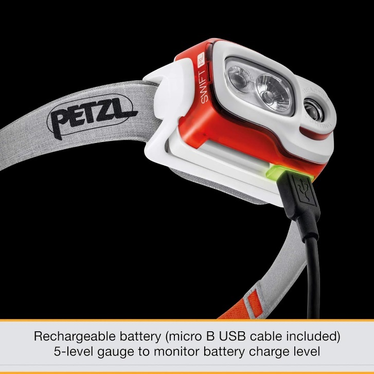 Petzl headlamp with a battery and a micro usb charger.