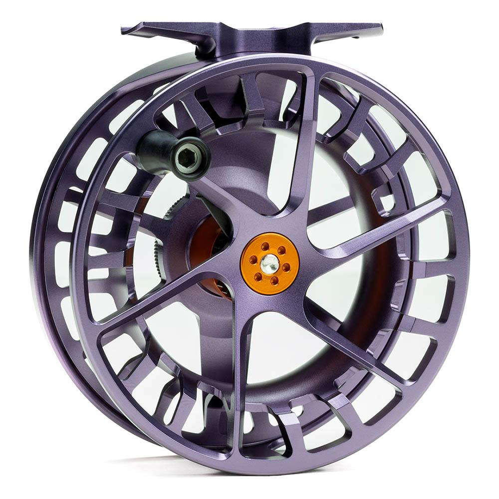 A purple fly reel on a white background.